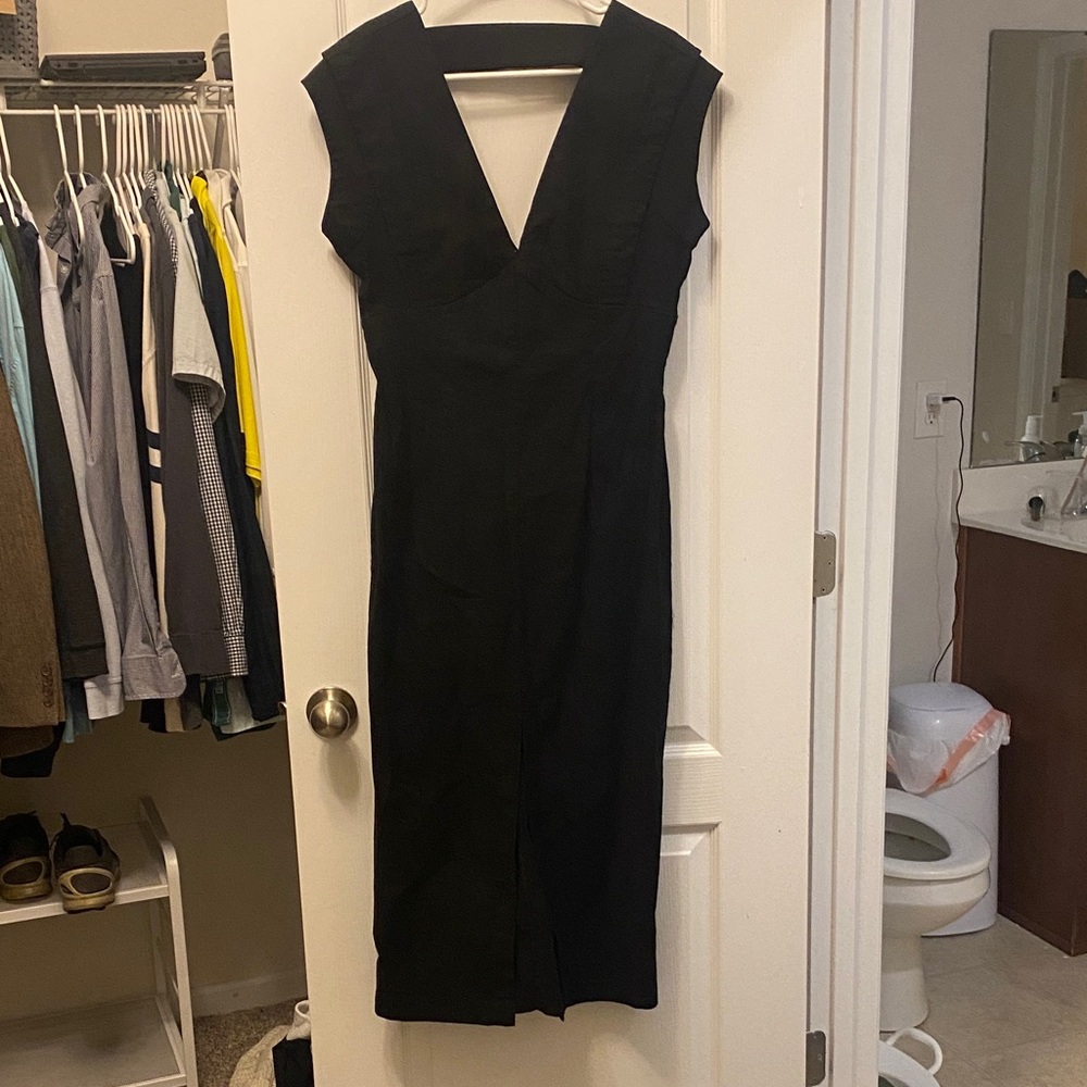 Anthropologie Fitted V Neck Black Midi Dress